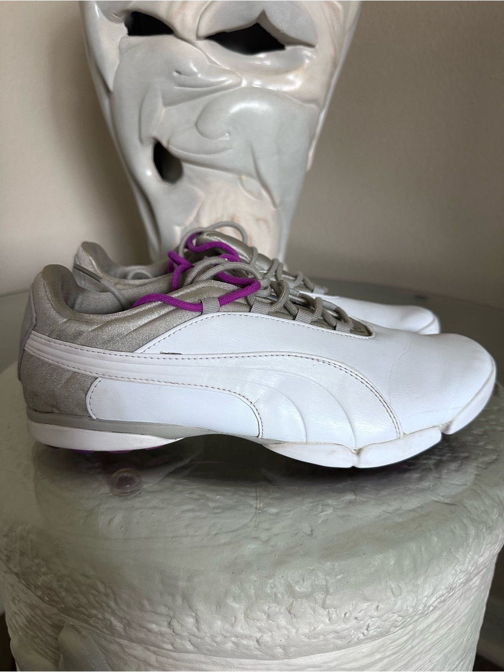 Puma Women's White and Gray Athletic Sneakers with Purple Laces